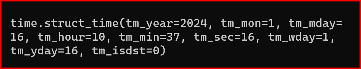 Picture showing the output of Time tuple in python